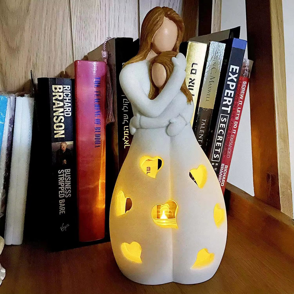 Candlestick Holder with Flickering LED Candle Memorial Gifts Standing Mother Hugging Daughter Statue Resin Figurines