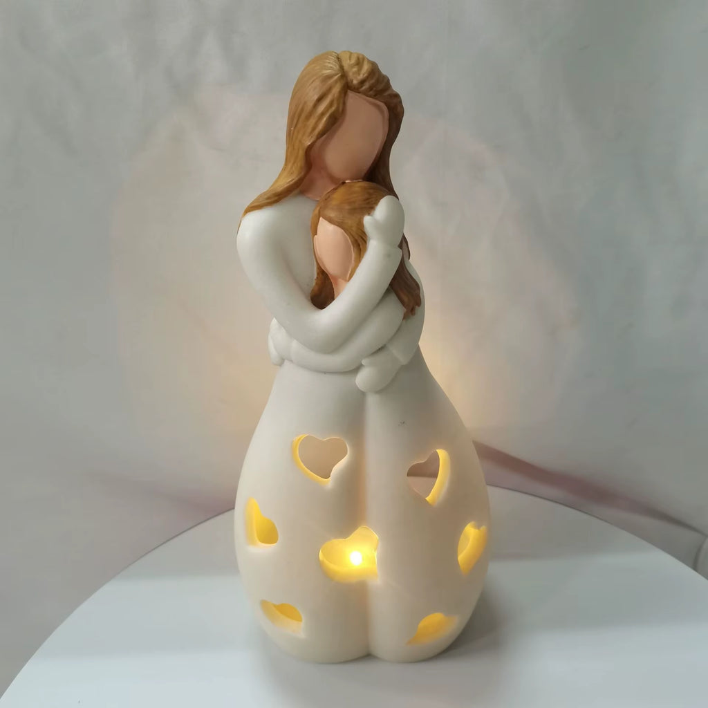 Candlestick Holder with Flickering LED Candle Memorial Gifts Standing Mother Hugging Daughter Statue Resin Figurines