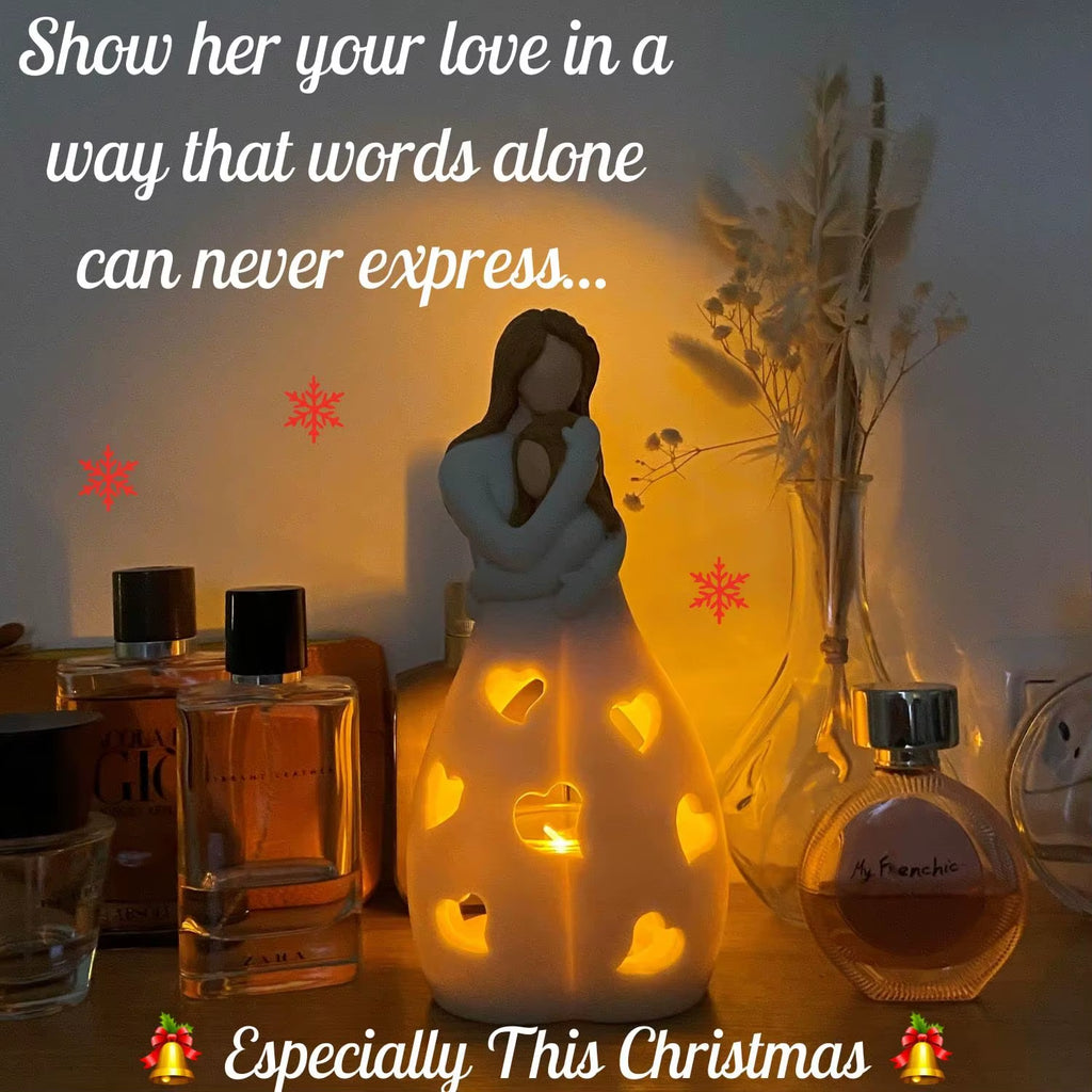 Candlestick Holder with Flickering LED Candle Memorial Gifts Standing Mother Hugging Daughter Statue Resin Figurines